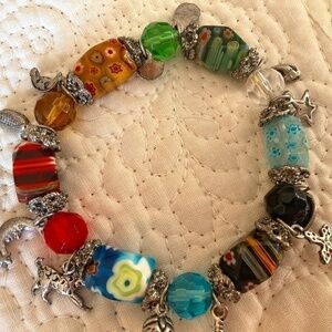 Italian Millefiori Glass  beads/ silver tone metal charms stretch bracelet